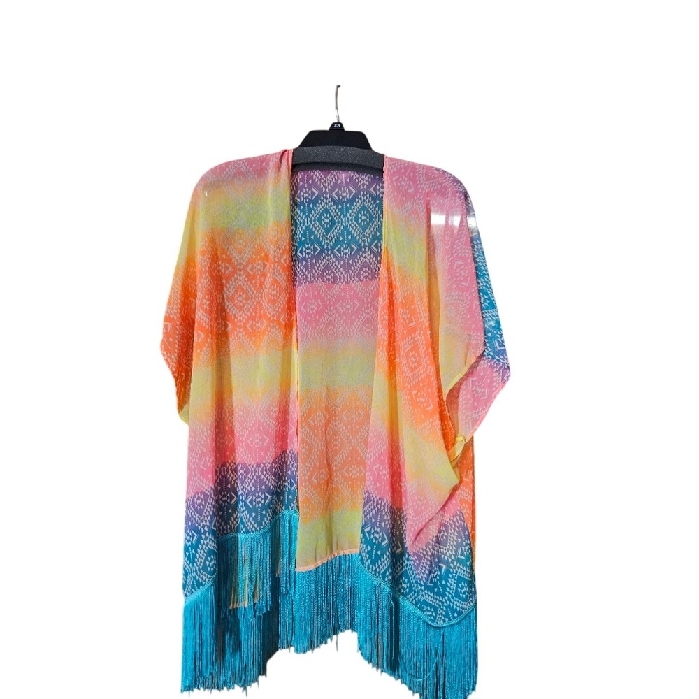 OP Ocean Pacific Rainbow Ombre Tribal Kimono Fringe Cover Up Small Multicolor